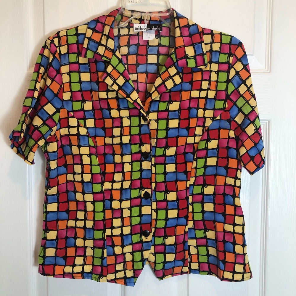 Michele Michelle Vintage Retro Multicolored Button Down Blouse. Size 10